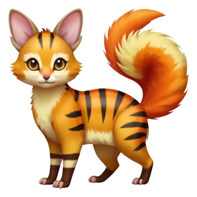 Neon-orange-yellow-red-brown-gradients divine beautiful elegant pretty precious cute young youthful  Fakémon-Pokémon-alien-opossum-feline-serval-caracal-chinchilla-Minccino-hybrid-creature with a big fluffy bushy striped tail (full body) sticker