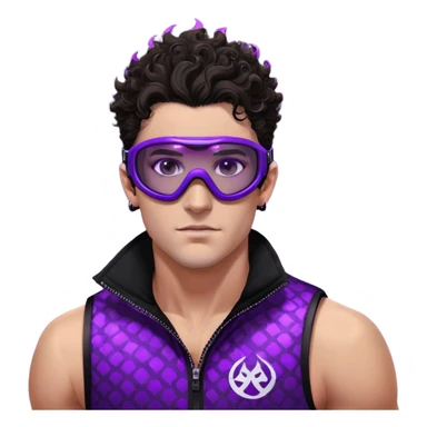 close-up of bad guy male athlete with white skin and moderately curly dark brown hair on top with shaved sides, wearing ski goggles with purple frames and very dark black lenses, a simple plain black chain necklace, and a completely unzipped sleeveless vest with purple and black sequin fire pattern design with no logo, with an extremely arrogant sneer on his face, looking menacing and villainous, exuding overconfidence and a threatening aura sticker