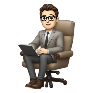 Pale skinned Fit Man With dark brown hair in gray jacket, beige office shirt and vintage glasses sitting In a soft chair with a notebook with emblem Ψ and a pen in his hands sticker
