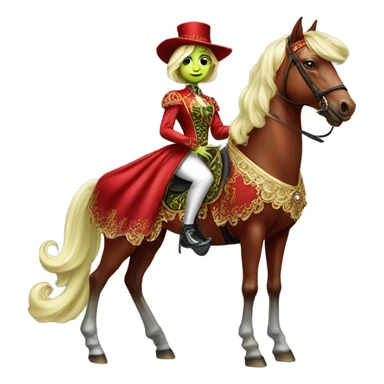 "galora green blonde alien woman" in red Victorian elegant dress, full body, rides "horse gold and white"
 sticker