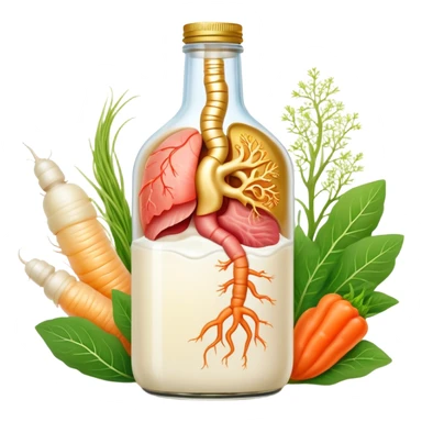 Probiotic foods (yogurt, kefir, kombucha bottle, miso, kimchi, sauerkraut) surrounding a glowing intestinal system. Tiny beneficial bacteria represented as golden particles flow between the foods and the intestine, creating a garden-like ecosystem of inner harmony and health. sticker