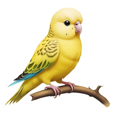 Cinematic Noble Yellow Budgie Portrait Emoji, Poised and regal, with a petite, delicate build and a smooth, well-groomed fur of brilliant yellow feathers, deep-set soulful dark eyes, Simplified yet sharp and sophisticated features, highly detailed, glowing with a soft, dignified glow, high shine, intelligent and charming, stylized with an air of elegance, focused and attentive, soft glowing outline, capturing the essence of a watchful and confident avian companion, so majestic it feels as though it could flutter out of the screen with effortless authority! sticker