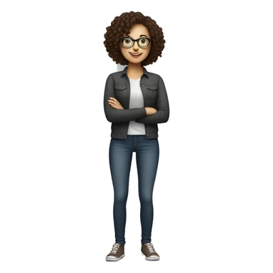 A white woman with glasses and little dark brown curly hairs full body representing something happily full body sticker