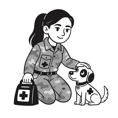 military girl, a medic with a small dog, doodle style, make the character look like her sticker
