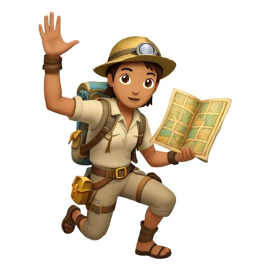 An icon featuring an adventurer in a dynamic action pose, with treasure maps, ancient ruins, and jungle landscapes in the background. The design includes clues, hidden passages, and climbing gear, symbolizing the thrill of exploration and discovery. Transparent background. sticker