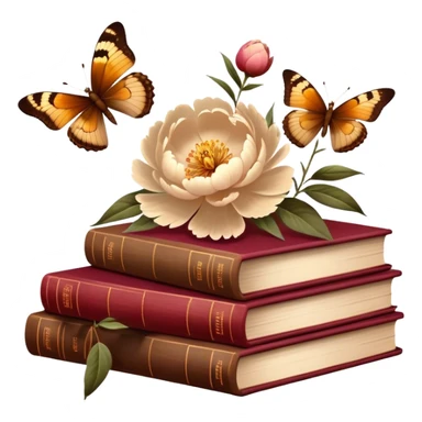 Peonies in muted beige and amber tones stand among rustic brown-red books. Gentle brown butterflies dance in the soft, vintage light. sticker