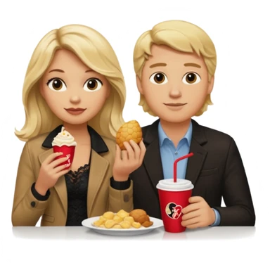Love tan woman long wavy blonde hair and black lace  with short blonde man Brown shade jacket eating chick filet  sticker