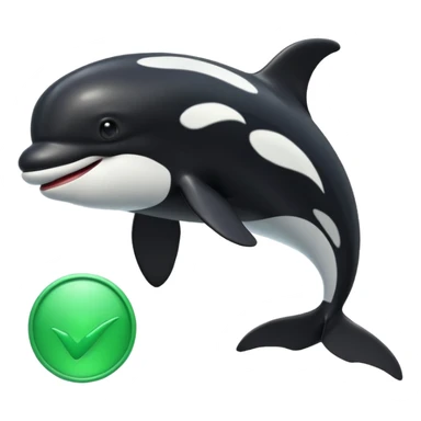 3d Cartoon orca with a green tick icon next to it sticker