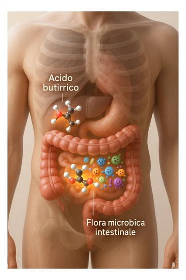 Realistic, vertical 3D medical illustration showing a semi-transparent human torso with a detailed view of the digestive tract, focusing on the large intestine. Inside the colon, glowing 3D molecules of butyric acid (acido butirrico) are visible, depicted as ball-and-stick models (carbon: black/gray, hydrogen: white, oxygen: red). Around the molecules, clusters of diverse, friendly-looking gut bacteria are shown, interacting positively with the butyric acid. The intestinal wall appears healthy and vibrant, with subtle highlights indicating improved gut health. The background is clean and softly lit, with clear educational labels such as “Acido Butirrico” and “Flora microbica intestinale.” The overall mood is scientific, modern, and supportive of gut wellness. sticker
