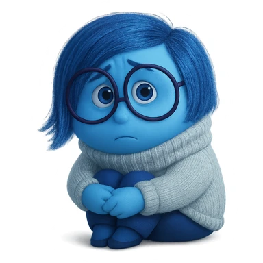 Sadness from Inside Out character, sitting with knees hugged, blue skin, short blue hair, glasses, Pixar style sticker