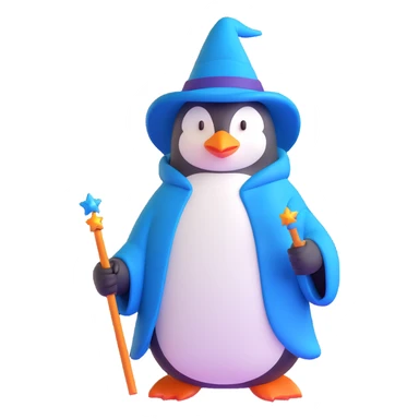 penguin wizard with a blue robe and magic wand sticker