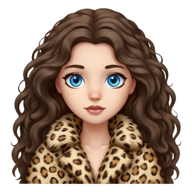 Brunette girl with long wavy hair and blue eyes in fluffy leopard fur coat  sticker