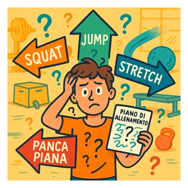 a person stands in the center of a gym, surrounded by arrows pointing in all directions, each labeled with a different exercise (e.g., “squat,” “jump,” “stretch,” “bench press”). The person looks bewildered, holding a workout plan with scribbles and question marks. The scene is colorful but visually messy, symbolizing confusion. in italiano sticker