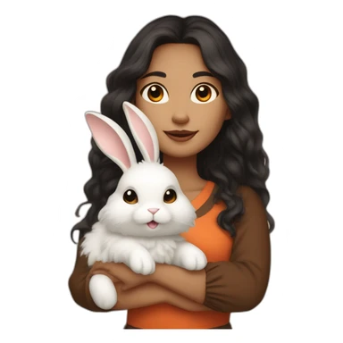 woman with white skin with brown eyes and long wavy black hair in a brown blouse is holding a very fluffy orange rabbit sticker