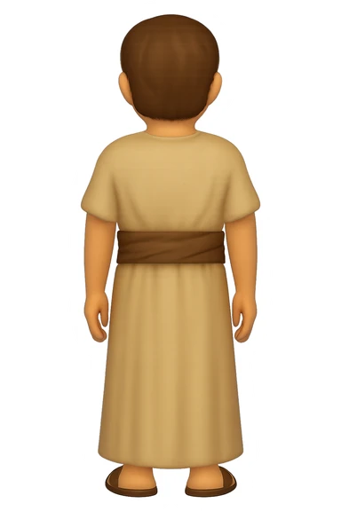 Back view, centered full body, facing away, classic emoji style of apostle Peter with short hair, no hood, arms down by sides, smiling, wearing long sleeve robe with brown sash, no background. sticker