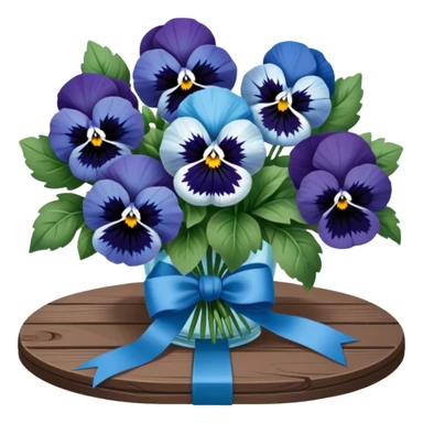 A beautifully tied deep green ribbon wrapped around a bouquet of soft blue pansies, displayed on an antique wooden table. sticker