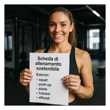 Edit the image to remove the 'Consigli' section from the text on the training sheet. Keep only the text: 'Scheda di allenamento sostenibile', 'Esercizi: squat, push up, plank, trazioni, affondi'. The sustainability refers to the training path, not eco-friendly elements. Maintain a hyperrealistic style, 4K resolution, modern gym setting. sticker