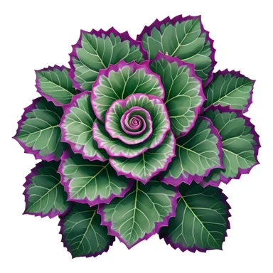 Top-down view of Begonia Rex plant showing spiral leaf patterns from above, dark green leaves with purple edges and white spots sticker