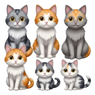 6 realistic looking cats with different natural coloured coats, assorted grey and white, greys, calico colours etc
 sticker