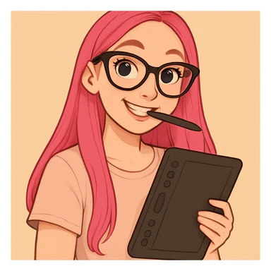 эта девушка в рисованном милом стиле, у девушки розовые длинные прямые волосы, большие выразительные голубые глаза, черные очки для зрения формы кошачий глаз, нос чуть с горбинкой, девушка улыбается а в зубах прикусывает перо от графического планшета, в другой руке держит сам планшет 
одета девушка в нюдовую пастельно-розовую рубашку, фон однородный светлый теплый беж sticker