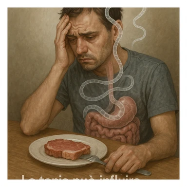 realistic illustration: man with depressed expression, pork meat on plate, transparent tapeworm wrapped around intestine and rising towards head, text in Italian: 'La tenia può influire sulla mente', 4K quality sticker