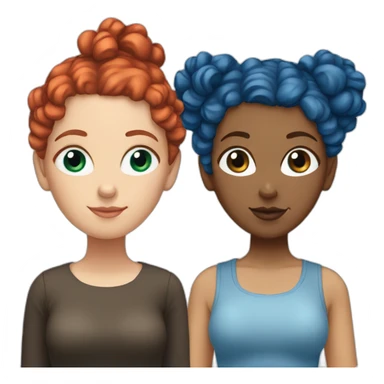 White girl with curly hair in two buns, one with red hair and the other with blue hair sticker