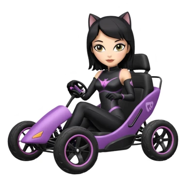 full size real-appearance road glowing racing sexy buxom CatWoman’s feminine midnight-colored tight outfit sixty’s tv show dark stealthy accurate sporty safe plush deluxe off-road pursuit drifting car jaguar (black hair,reclined and relaxed torso and shoulders back against seat) cross kart  sticker