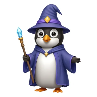 penguin wearing a wizard hat and robe, holding a magic wand sticker