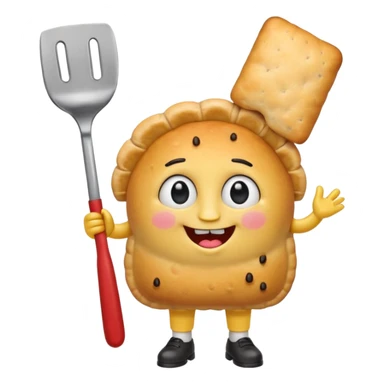 cute empanada emoji, golden brown with crimped edge, big sparkling eyes, two square teeth, blushing cheeks + freckles, red tie, holding spatula, short chubby arms and legs, thick black outline, SpongeBob + Adventure Time style, transparent background sticker
