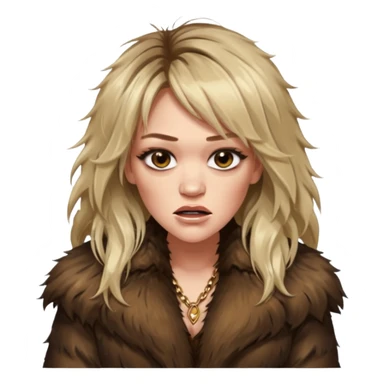 Cinematic realistic ultra HD up profile, angry, glamorous extremely made up Hilary Duff extremely long long hair in shaggy fur coat with bronze flash sticker
