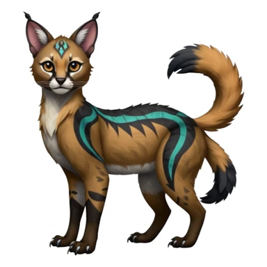 Colorful dark black gloomy spooky pointy foggy smoky points-marked tribal patterned glorious colorful hyper-realistic exotic cute cool beautiful beautiful fantasy-caracal-civet-genet-sergal-vernid-Gryphon-Cacomistle-Trico-oncilla-animal-Fakémon-hybrid-fursona (full body) sticker