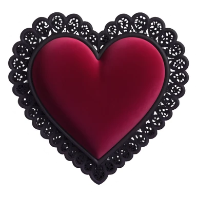 3D emoji style heart, dark crimson velvet texture, black lace trim, gothic and romantic sticker