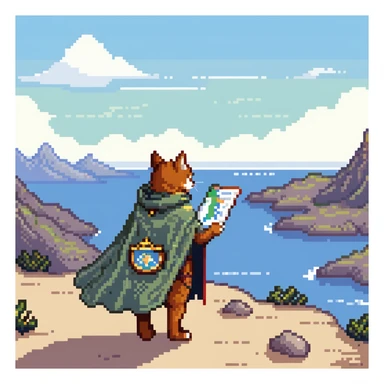 Explorer cat with map, mountain landscape with stars, wearing light explorer outfit with cape blowing in wind, gazing at horizon sticker