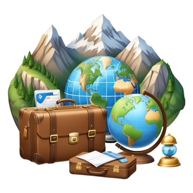 An icon featuring a suitcase, a hotel bell, and a globe, symbolizing tourism and hospitality. The design includes a scenic landmark, like a mountain or beach, and a check-in desk, representing travel and accommodation services. Transparent background sticker