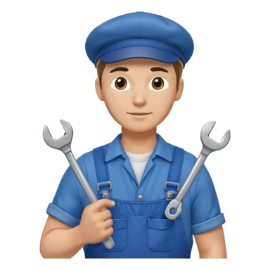 Russian male factory worker wearing overalls and a flat cap holding a wrench sticker