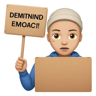 A protester with a sign sticker