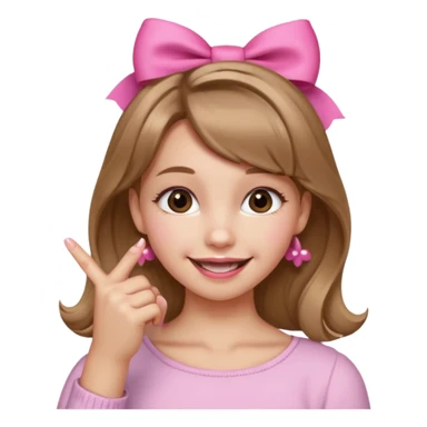 Chica sonriendo con un lazo rosa en la cabeza y mordiendose la punta del dedo indice con delicadeza y la otra mano que no salga sticker