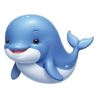 Cinematic happy baby whale, chubby rounded body, tiny smiling face, soft pastel blue hues, gentle glowing waves around, joyful and soothing. sticker