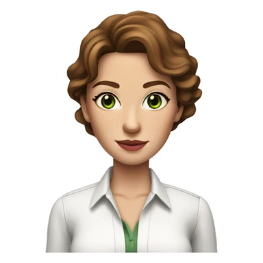 female real state agent with wavy brown hair an green eyes with nice pinkish lips dressed with a white shirt and a few freckles sticker