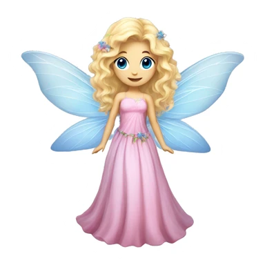 Fairy, a blonde hair with blue eyes and a pink dress with sparkly wings. Flowers. White wings. The fairy has long, curly hair with a lot of volume sticker