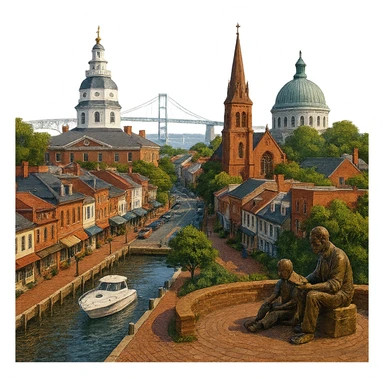 cinematic realistic emoji of Annapolis city view featuring Maryland State House, Naval Academy Chapel, Ego Alley, St. Anne's Church, Kunta Kinte-Alex Haley Memorial, Chesapeake Bay Bridge in the distance, lifelike detail, accurate colors, bright daytime, no sky, no clouds, transparent background sticker