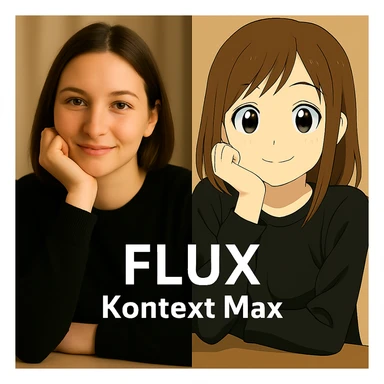 same similar image but chnage the text to "Flux Kontext Max", change people and pose too sticker