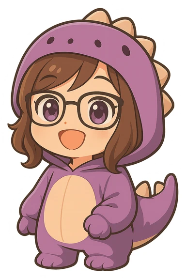 Edit the chibi anime style girl with glasses, brown hair, dark purple eyes, and a purple dinosaur costume to have her arms down. Keep her happy expression with eyes open. Remove the controller. Maintain the chibi anime style and no background. sticker
