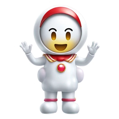 Very shiny full body character with pill capsule head with retro antennae and jetsons aesthetic sailor moon eyes  puffy body and welcoming waving arms Japanese animation inspired Anpanman with big boots and antennae red and white colors only sticker