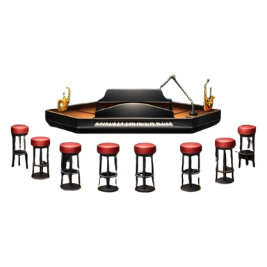 inside of a jazz nightclub, stage with microphone, dim lighting, small tables, cozy atmosphere sticker