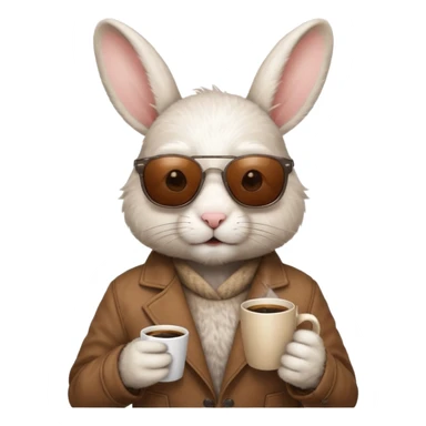 White rabbit, wearing brown jacket, sunglasses, holding coffee mug sticker