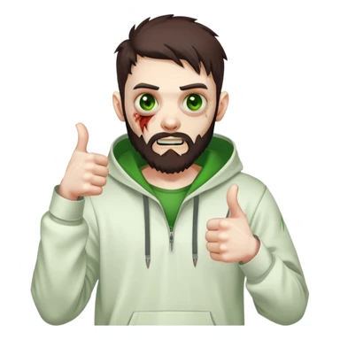 zombie with thumbs up gesture, undercut hairstyle with dark brown hair, short full beard, heterochromia with one green eye and one brown eye, wearing plain white hoodie sticker