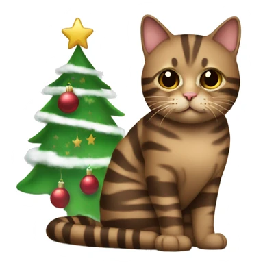 Brown striped cat sitting under a Christmas tree  sticker