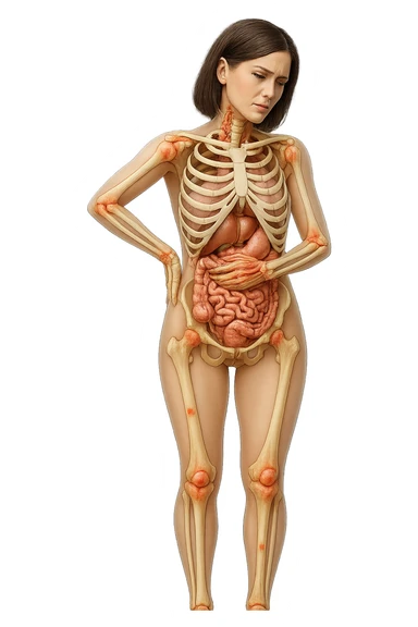 donna realistica a figura intera con red spot sparsi alle ossa, ossa del corpo visibili sul corpo, non sul volto iperrealistico 4k sticker