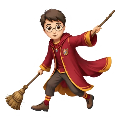 Cartoon-style illustration of Harry Potter flying on a broomstick, Gryffindor red and gold outfit, expressive face, dynamic motion, magical vibe, smooth shading, vibrant colors, no background, transparent background, isolated character. sticker